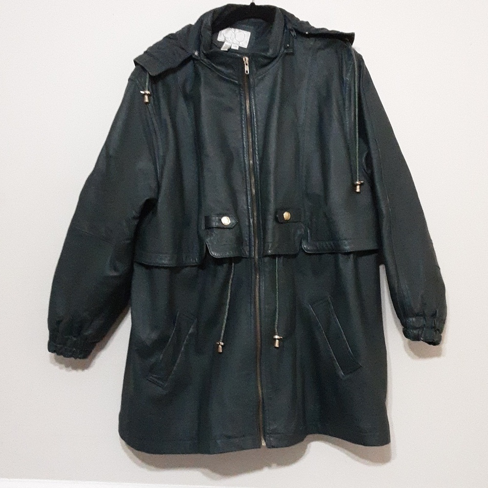 Vintage OBO new york leather coat jacket women 1X hooded green y2k retro winter